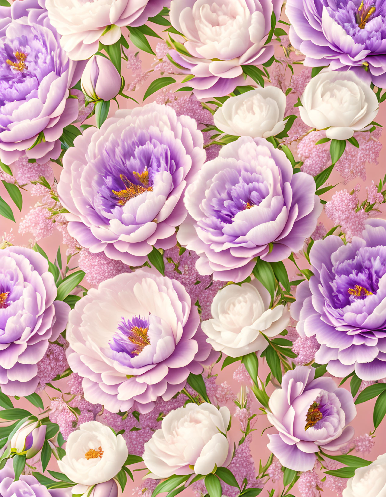 Floral Pattern: Purple and White Peonies on Pink Background