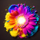 Colorful Glowing Flower with Water Droplets on Warm Background
