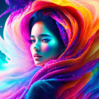 Vibrant digital artwork: Woman with colorful, flowing hair on dark backdrop