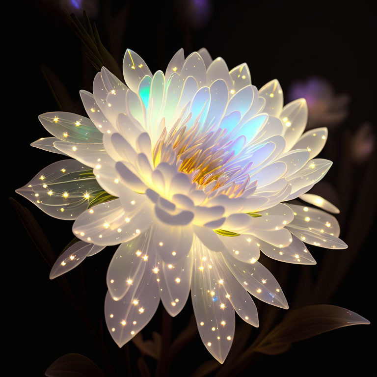 Illuminated white flower with glowing edges and sparkling lights on dark background