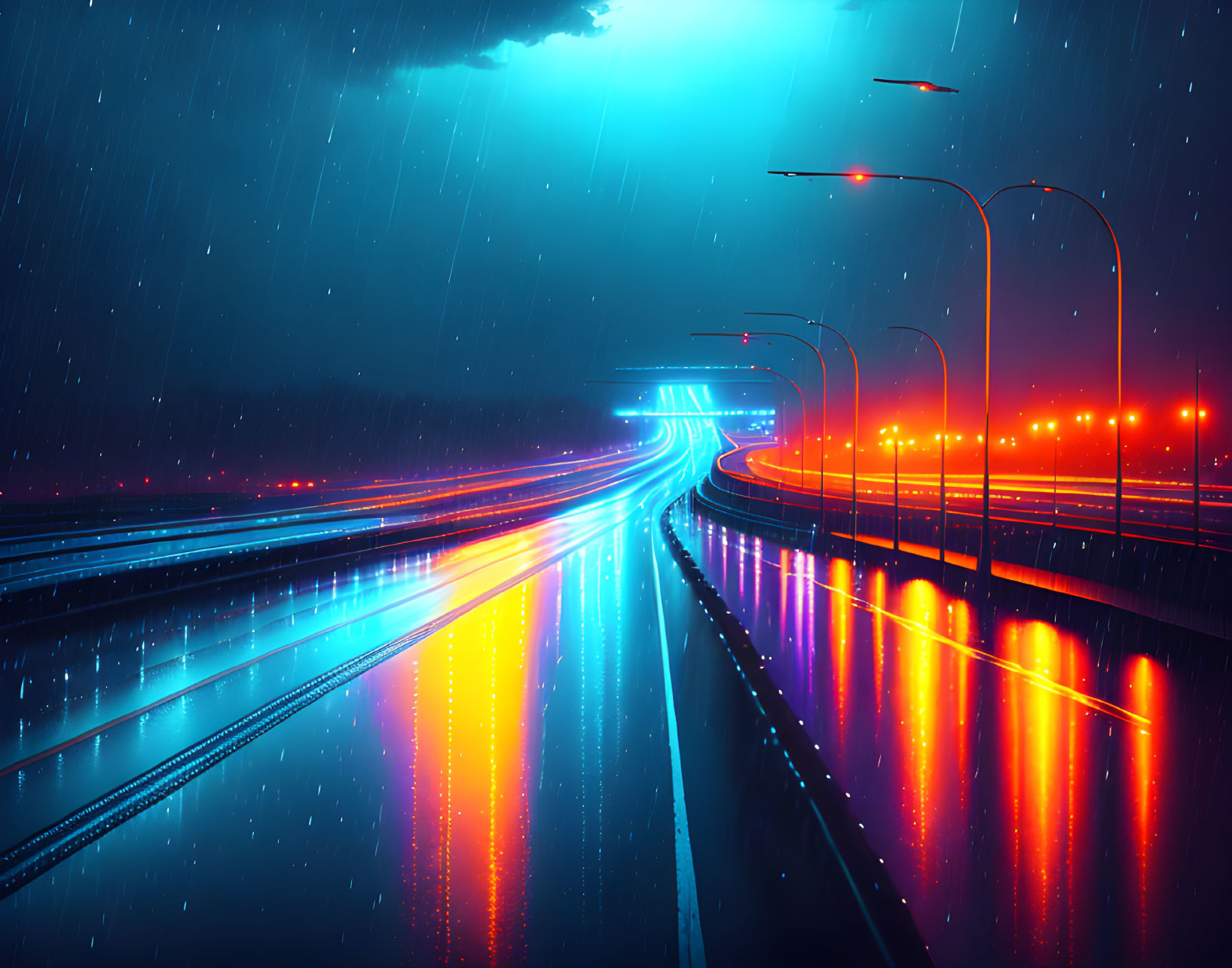 Vivid night scene: red and blue lights on wet highway under stormy sky