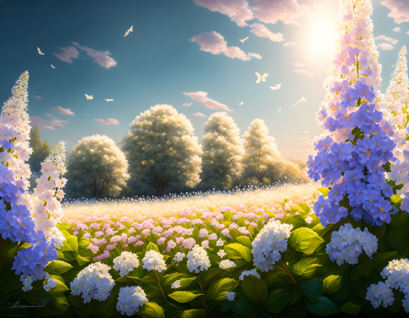 Tranquil landscape with blooming hydrangea bushes and trees under a sunny sky