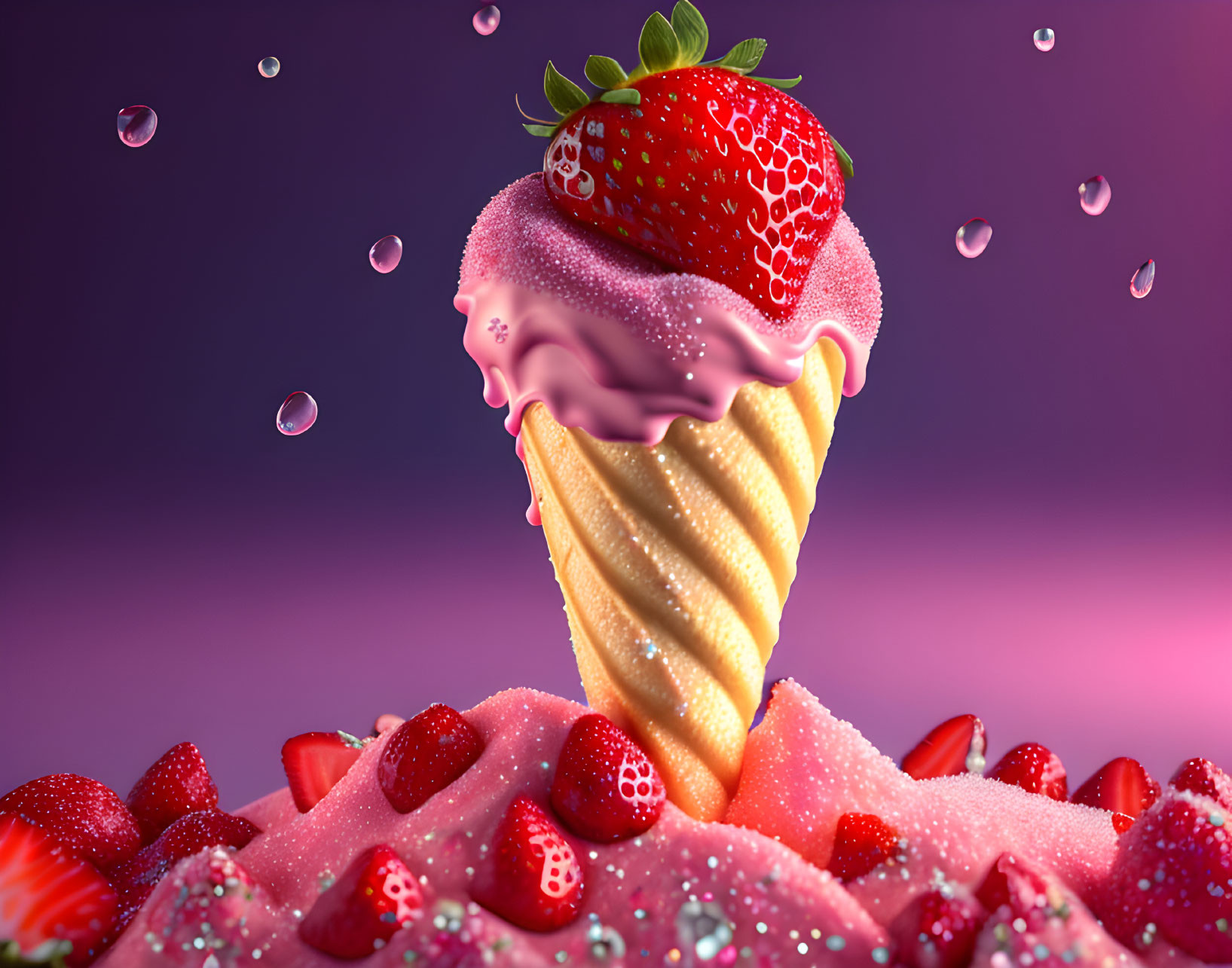 Strawberry ice cream cone topped with whole fruit and splashing liquid on purple backdrop