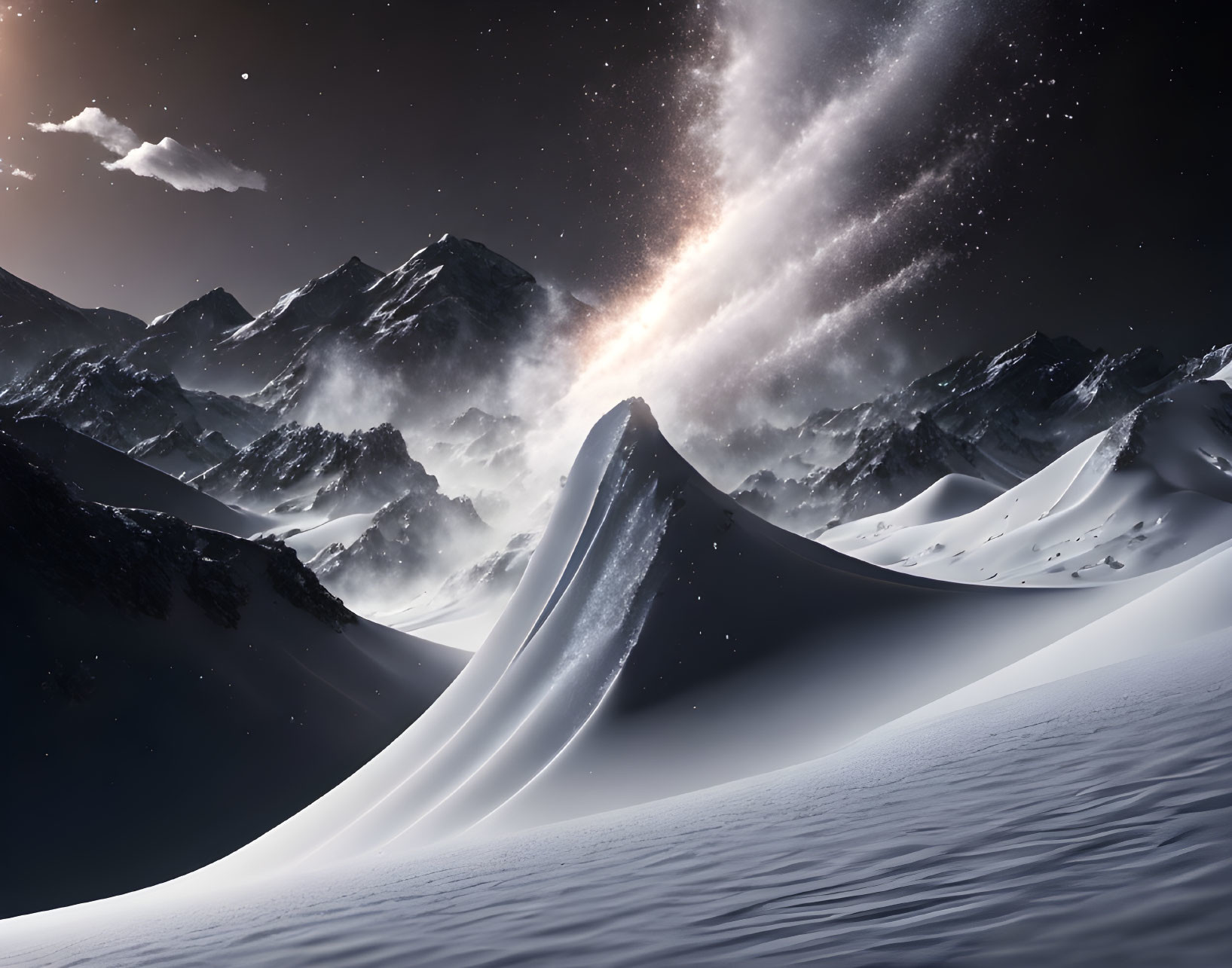 Snowy Mountain Peaks Under Starry Sky with Cosmic Event