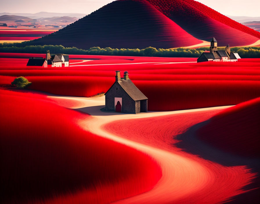 Vibrant red fields and dunes with scattered houses under a warm sky