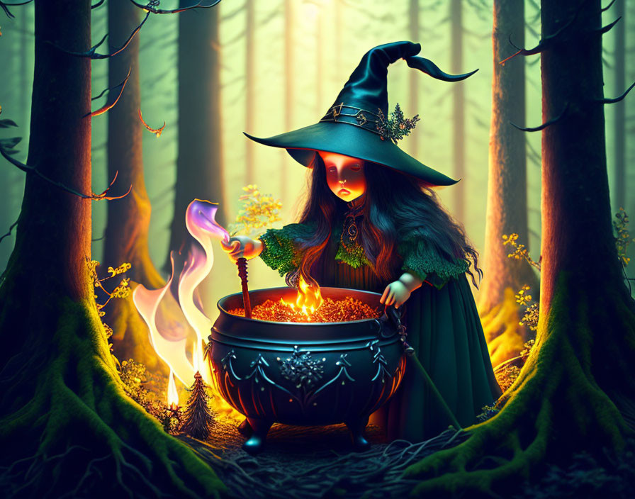 Mystical witch stirring cauldron in magical forest with eerie trees