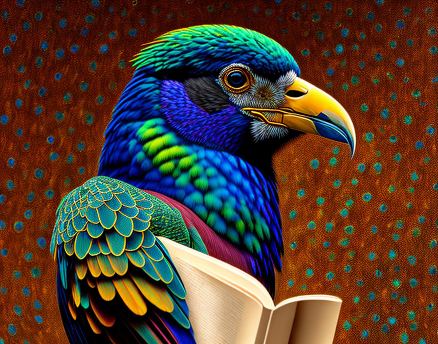 Vibrant parrot illustration on open book against brown background