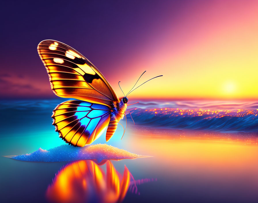 Colorful Butterfly on White Mound Reflecting in Sunset Water