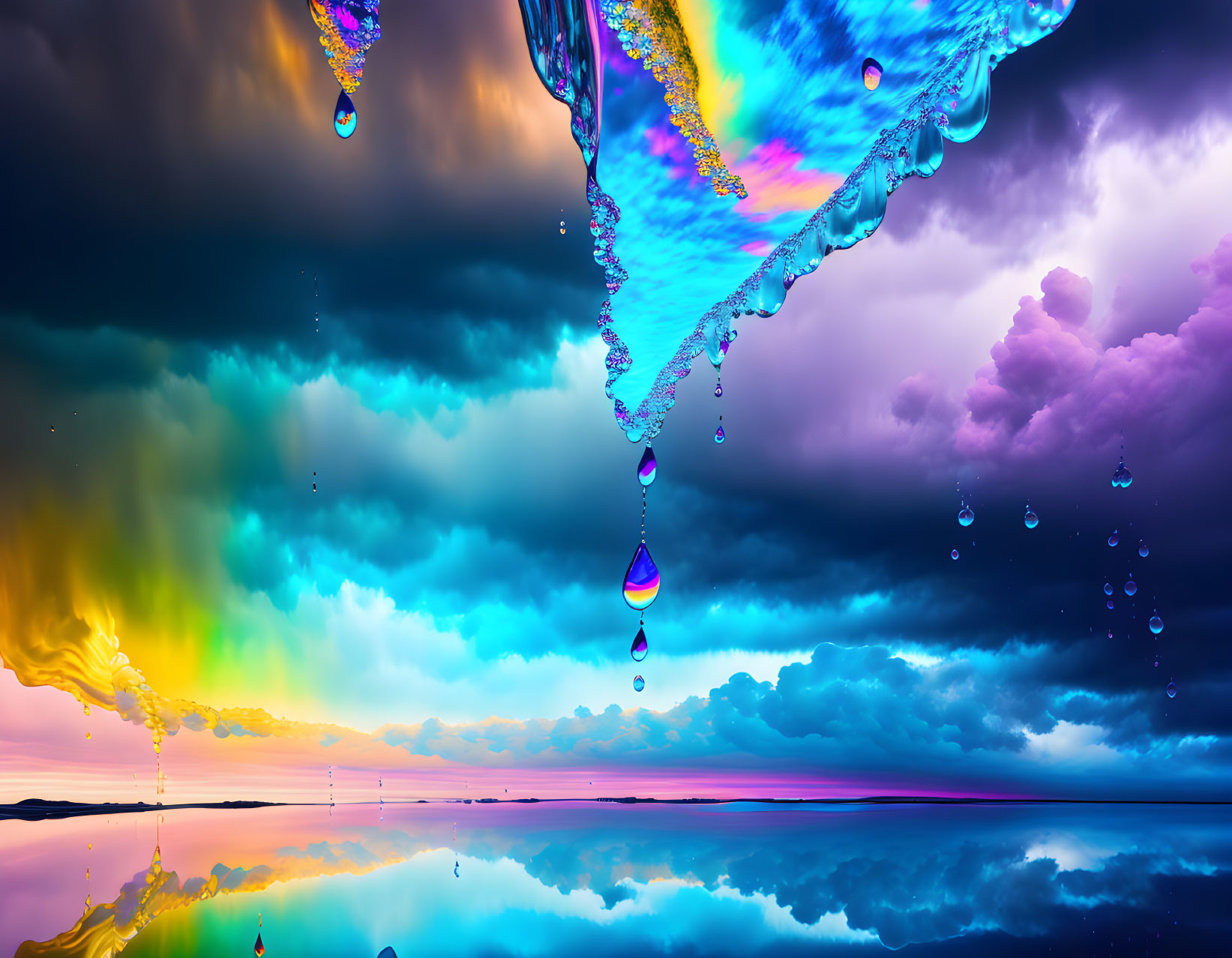Colorful surreal landscape with melting sky and mirrored water surface