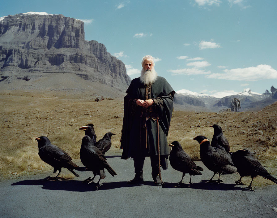 Elderly man with white beard in robe, crows and mountains scenery