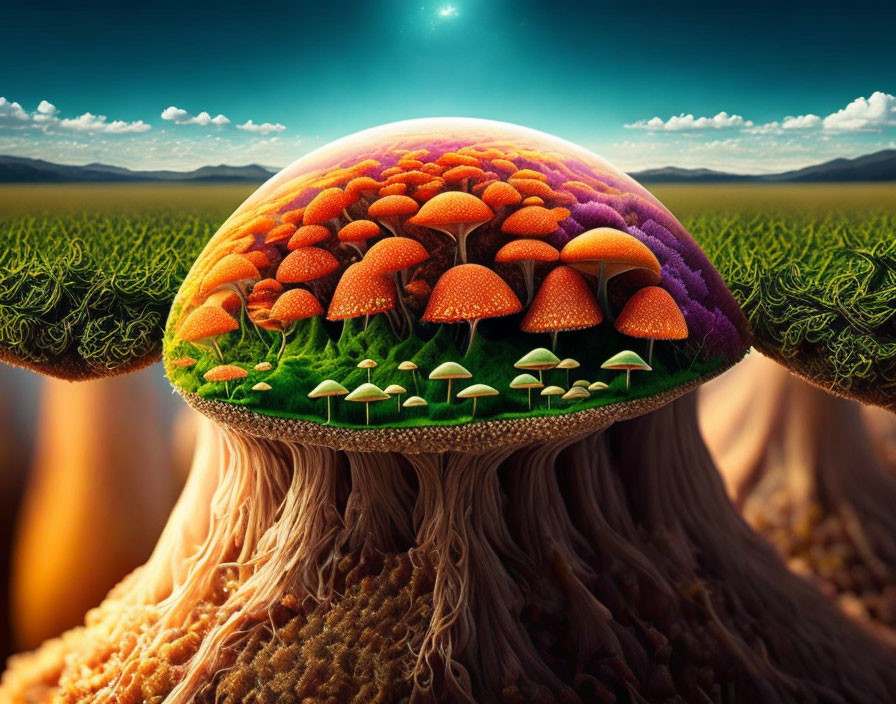 Colorful Mushroom Hill in Surreal Landscape Under Dramatic Sky