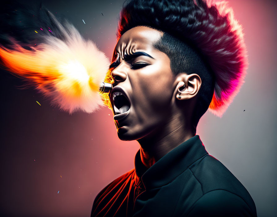 Person with Mohawk Hairstyle Shouting in Colorful Illustrations on Red Background