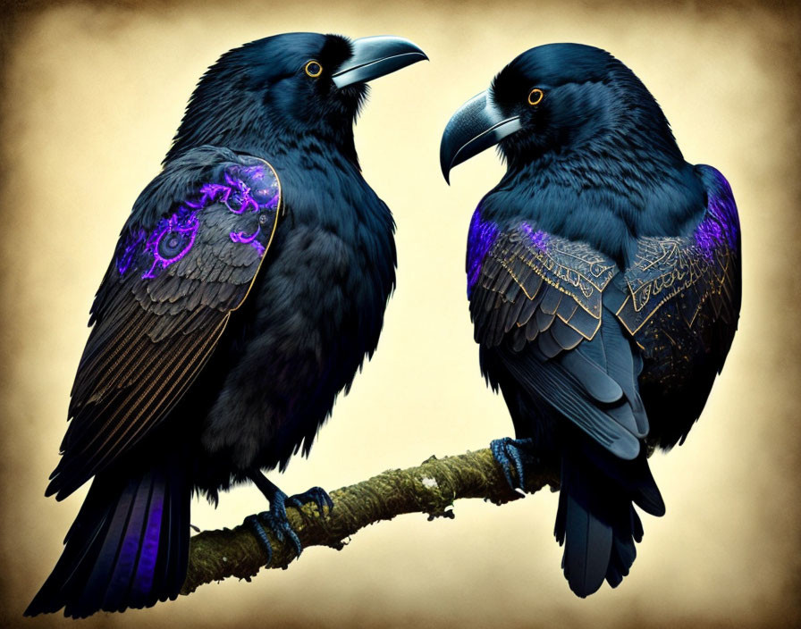 Ornately patterned ravens perched on branch in sepia setting