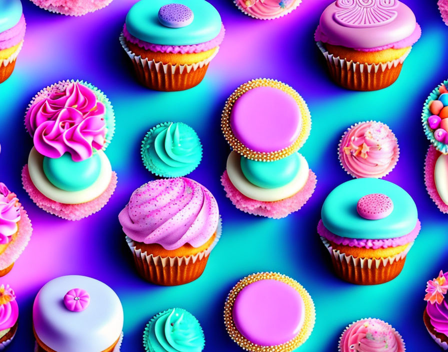 Vibrant Cupcakes and Cookies with Intricate Icing Designs on Purple Background