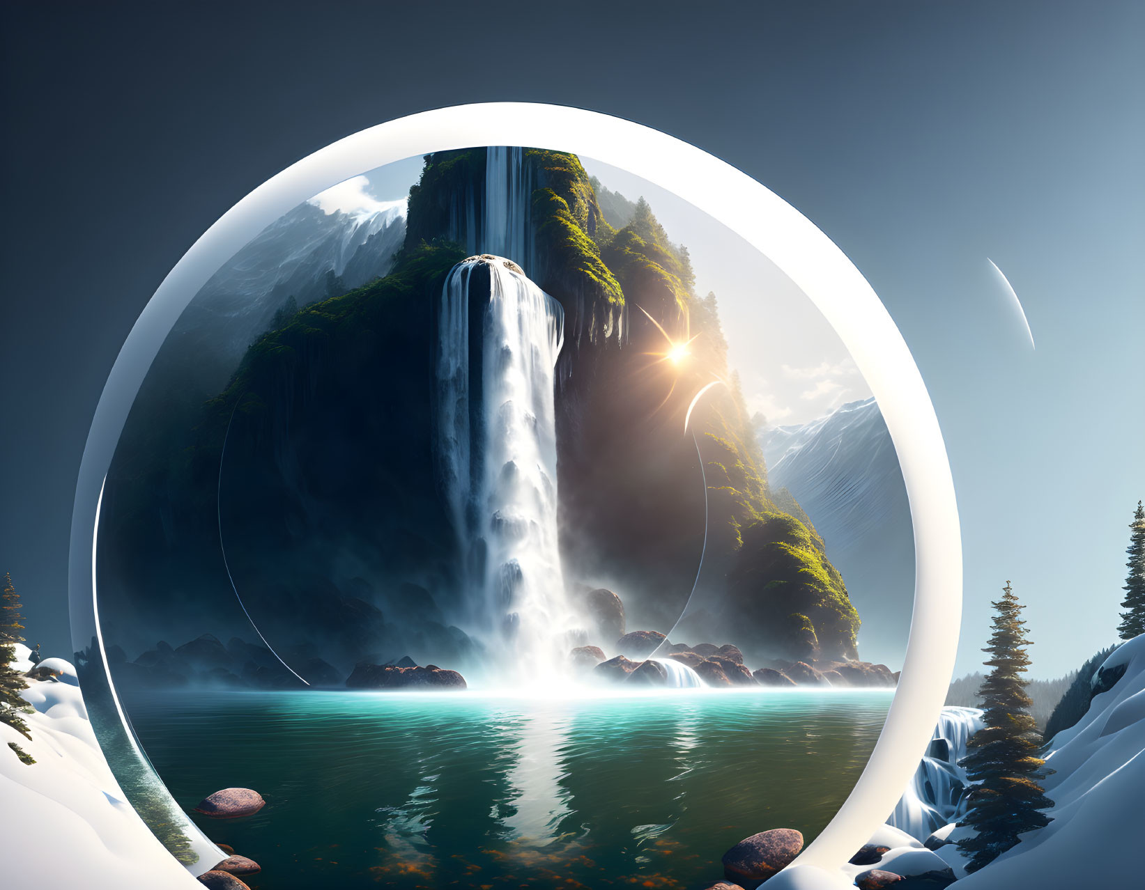 Majestic waterfall in surreal oval landscape with cliffs and fir trees