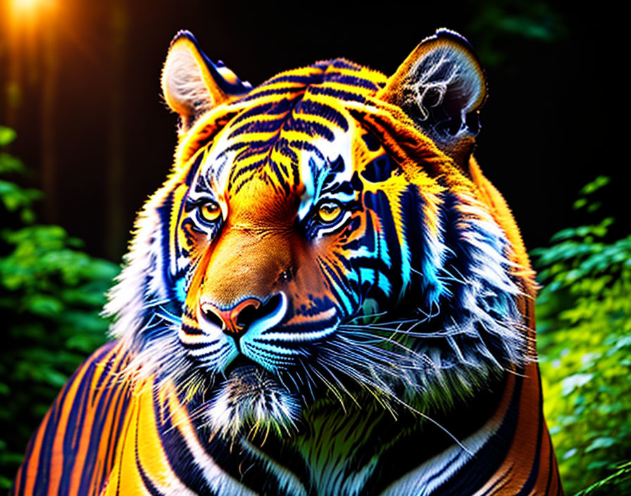 Color-enhanced tiger in vibrant hues against forest backdrop with sunbeam.