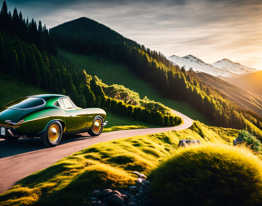 Vintage Green Car on Scenic Road with Snow-Capped Mountains at Sunset