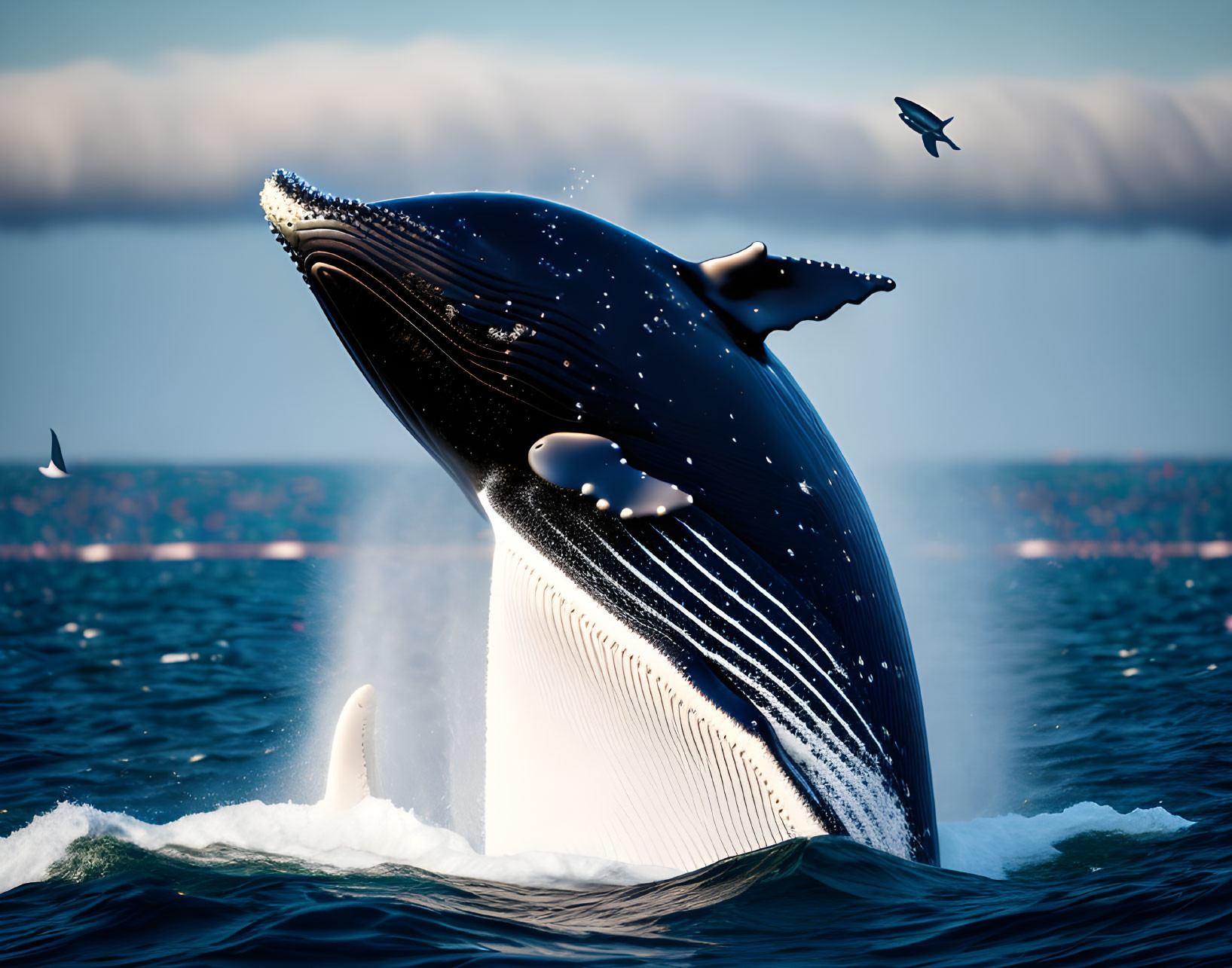 Humpback whale breaching ocean surface with bird, calm seas, cloudy sky
