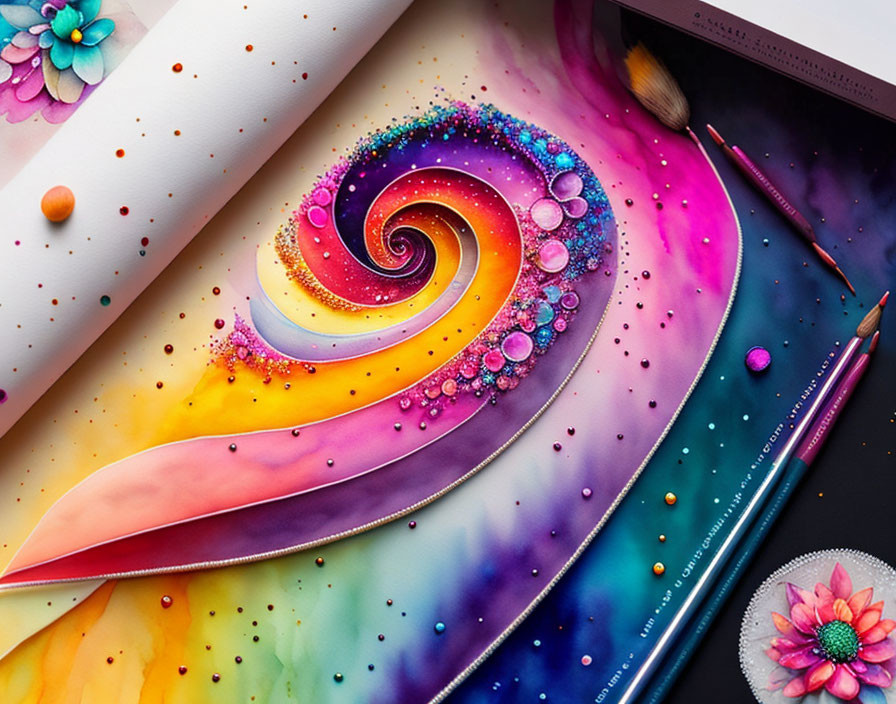 Colorful Swirling Pattern with Droplets, Feather, Brushes, and Pencils