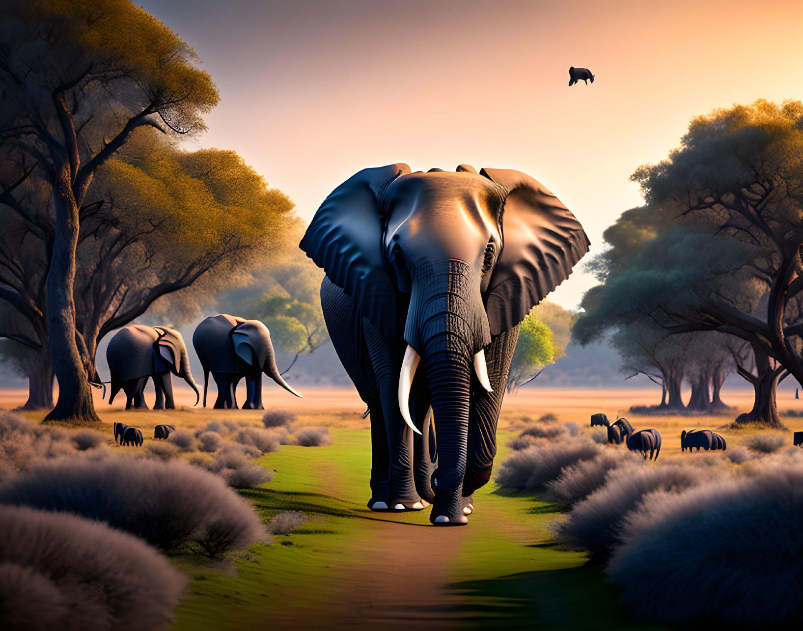 Elephant leading herd in savannah with zebras and bird at sunset