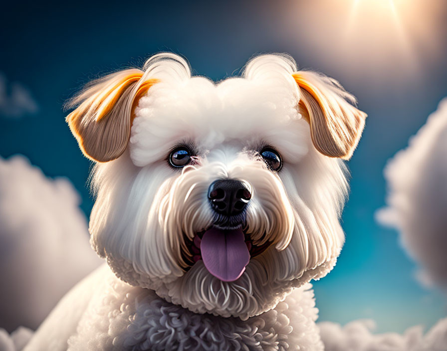 Fluffy white dog with brown ears under blue sky