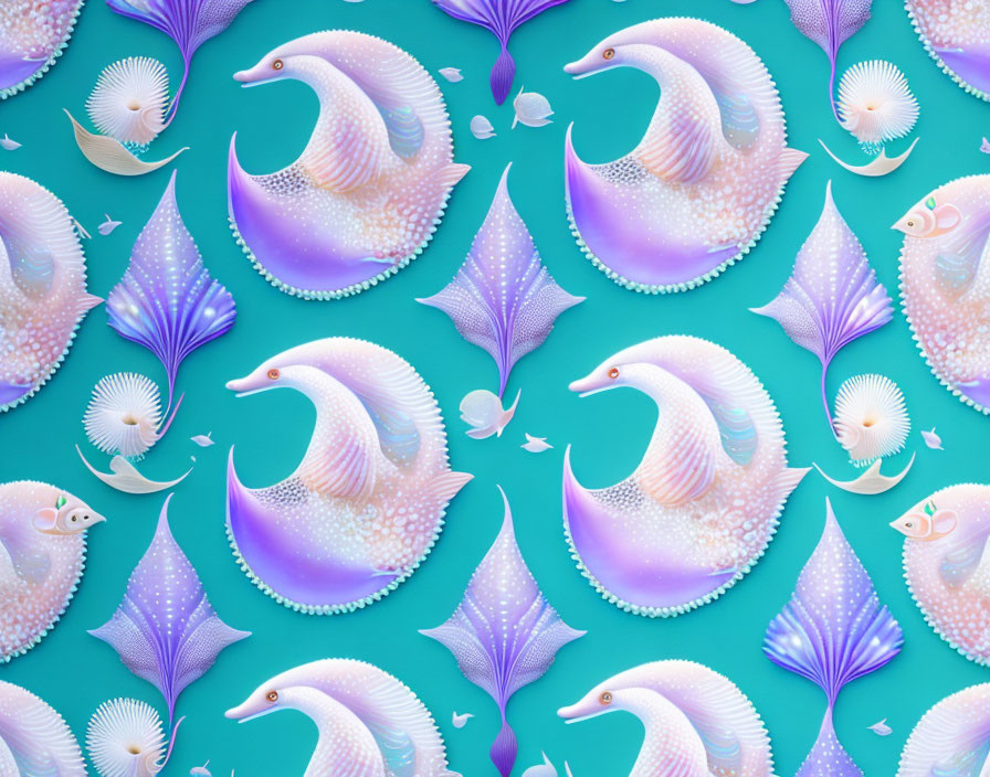 Stylized Fish and Sea Plants Pattern in Pastel Purple and White on Teal Background