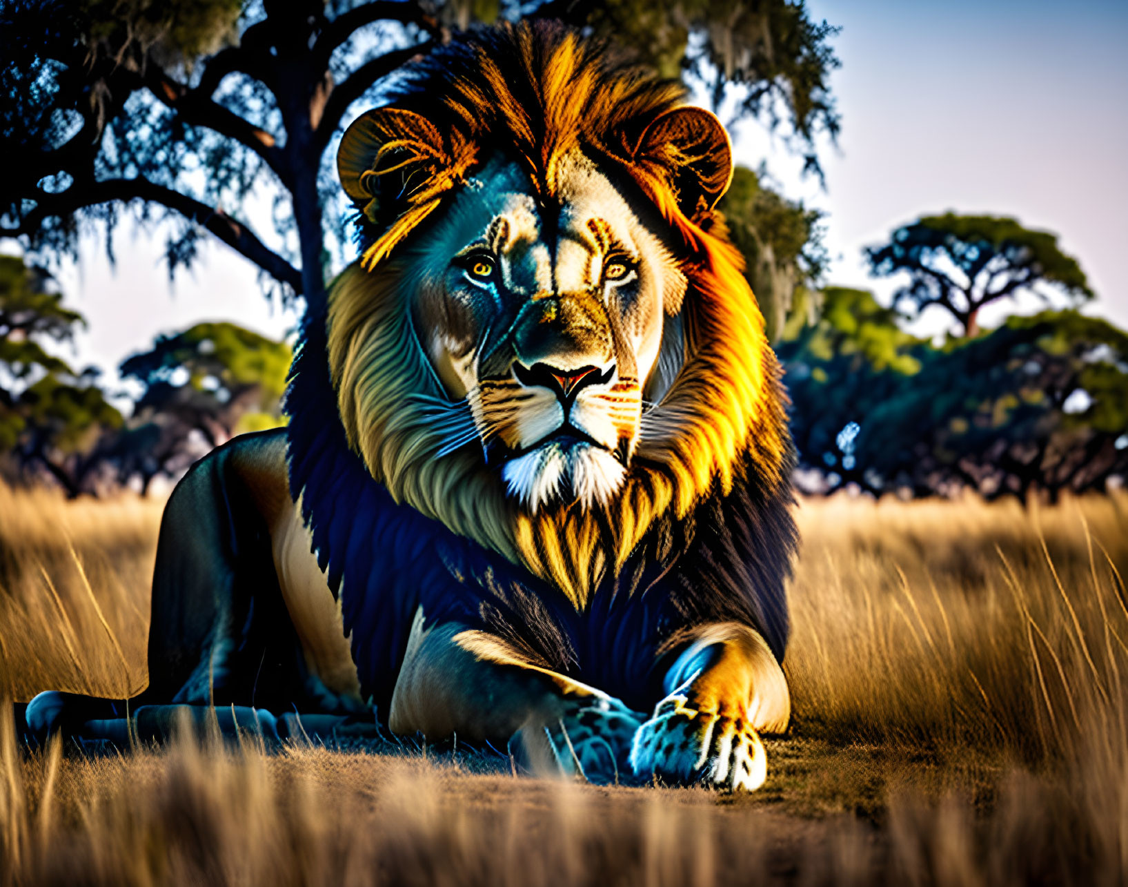Majestic lion with lush mane in golden savannah under vivid blue sky