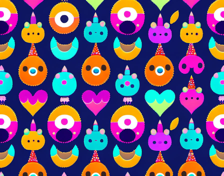 Colorful Monster Faces Pattern on Dark Blue Background