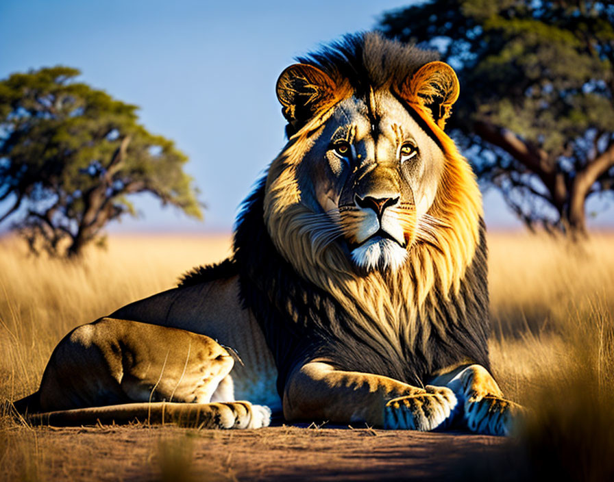Majestic lion with golden mane in savannah landscape