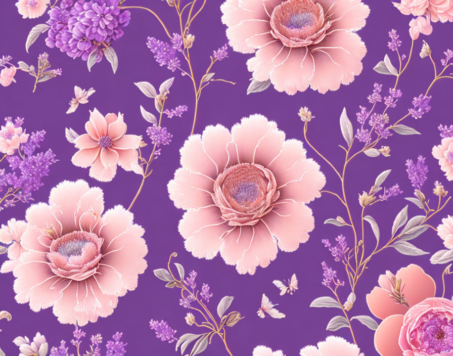 Floral Pattern: Large Pink Peonies, Small Purple Flowers, Greenery, Butterflies