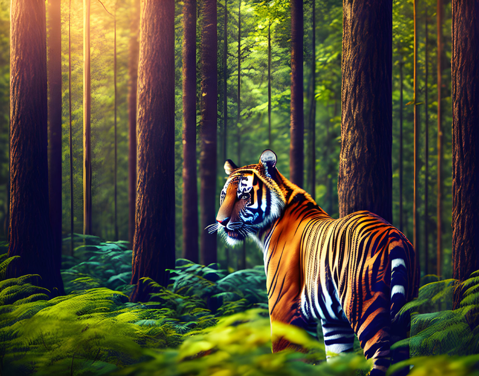Tiger in forest facing camera amid sunlight