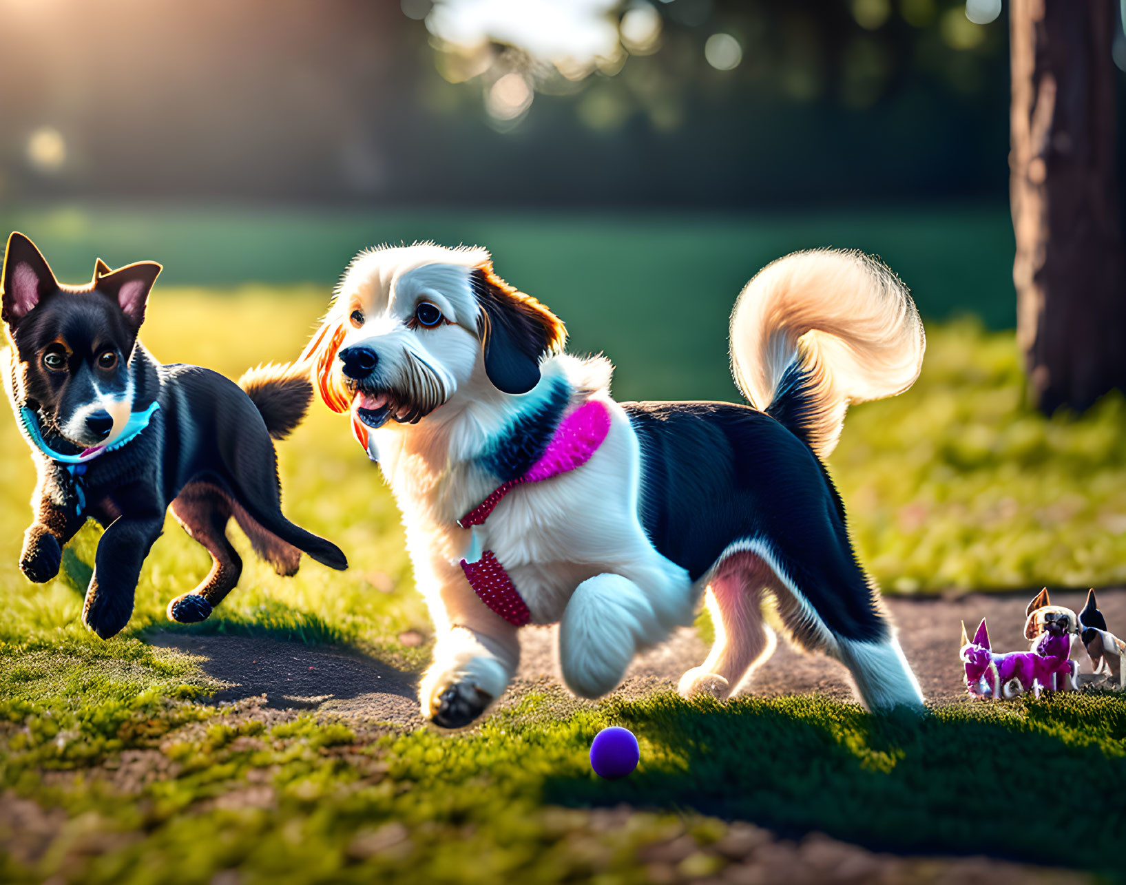 Two Dogs Playing Outdoors with Purple Ball on Sunny Day