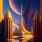 Majestic sci-fi palace interior with golden pillars and planet view