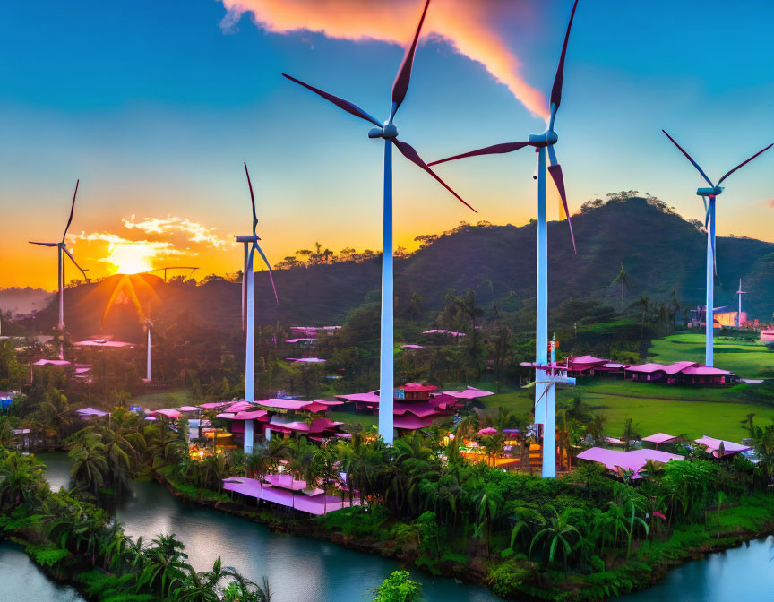 Wind turbines in tropical landscape with lush greenery, red-roofed buildings, river at sunset