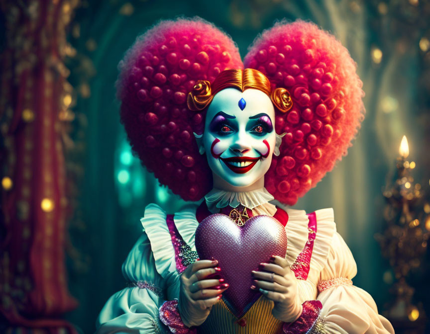 Clown with heart-shaped hair holds heart in candle-lit setting