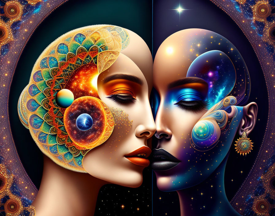 Symmetrical cosmic mandala artwork of female faces in sun and moon motifs