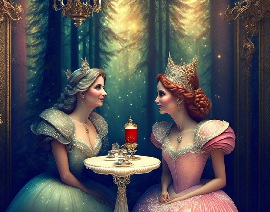 Two princesses in elegant gowns at small table with lit candle in magical forest