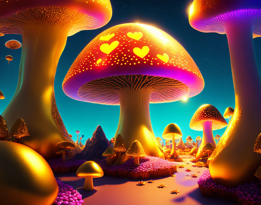 Enchanted forest digital art with oversized glowing mushrooms