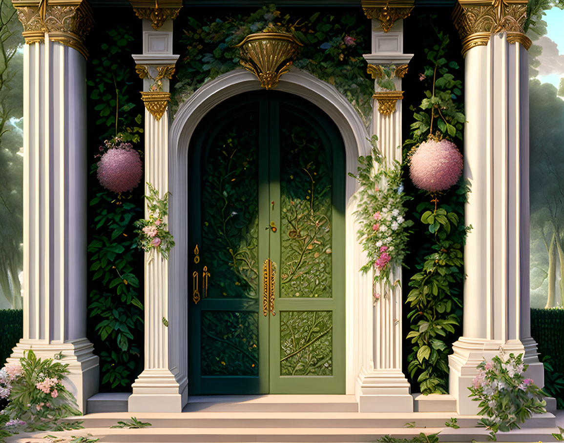 Green door with gold designs, white columns, pink flowers, forest background