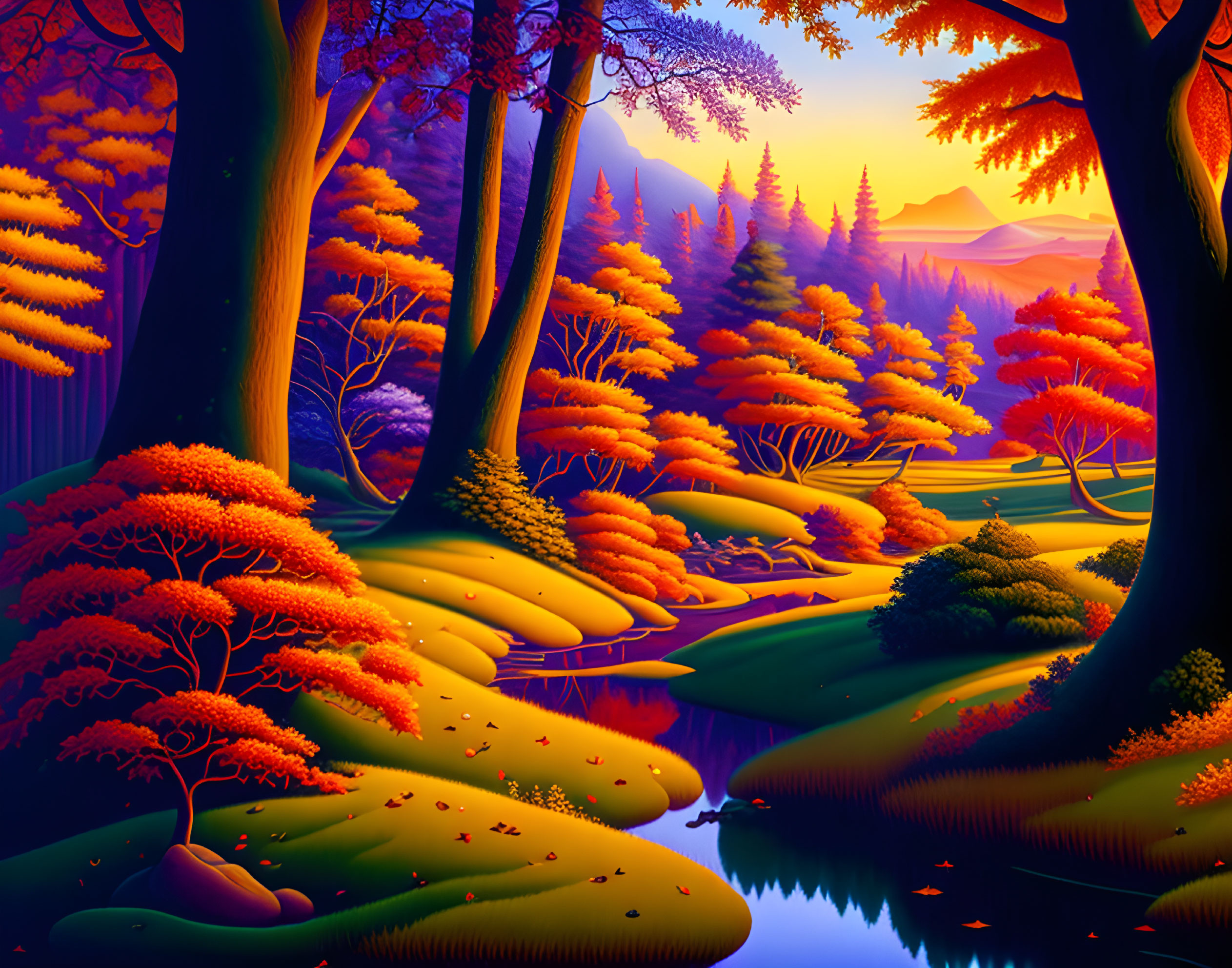 Vibrant autumn forest with serene river and warm sunset glow