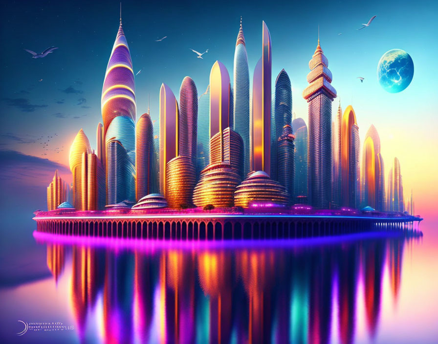Futuristic cityscape with towering skyscrapers and moonlit sky