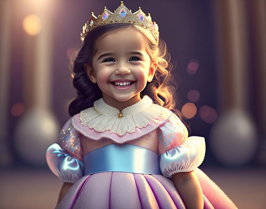 Young girl in princess costume with crown and pastel gown in whimsical, bokeh-lit setting