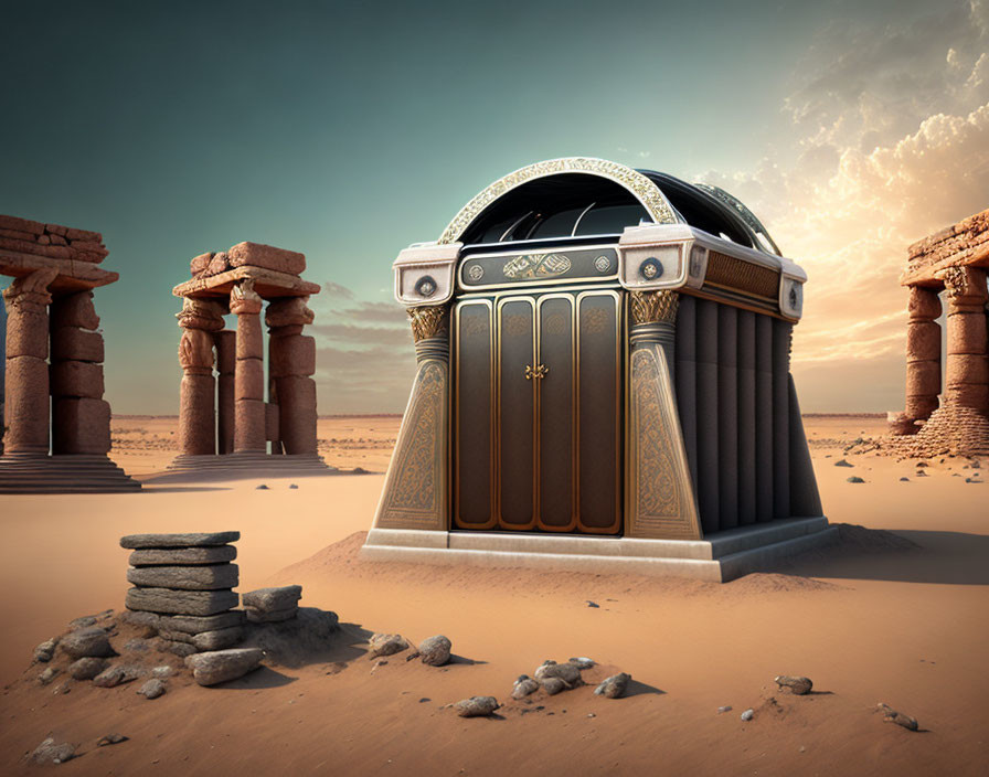 Futuristic observatory with golden doors in desert landscape