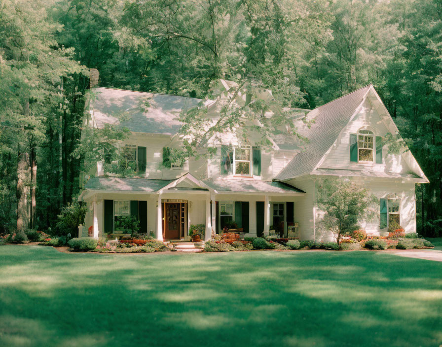 White two-story house with gabled roof in lush green setting