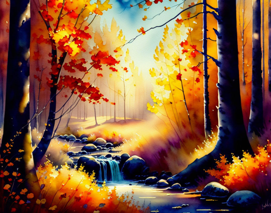 Autumn forest watercolor painting with waterfall and glowing sunlight