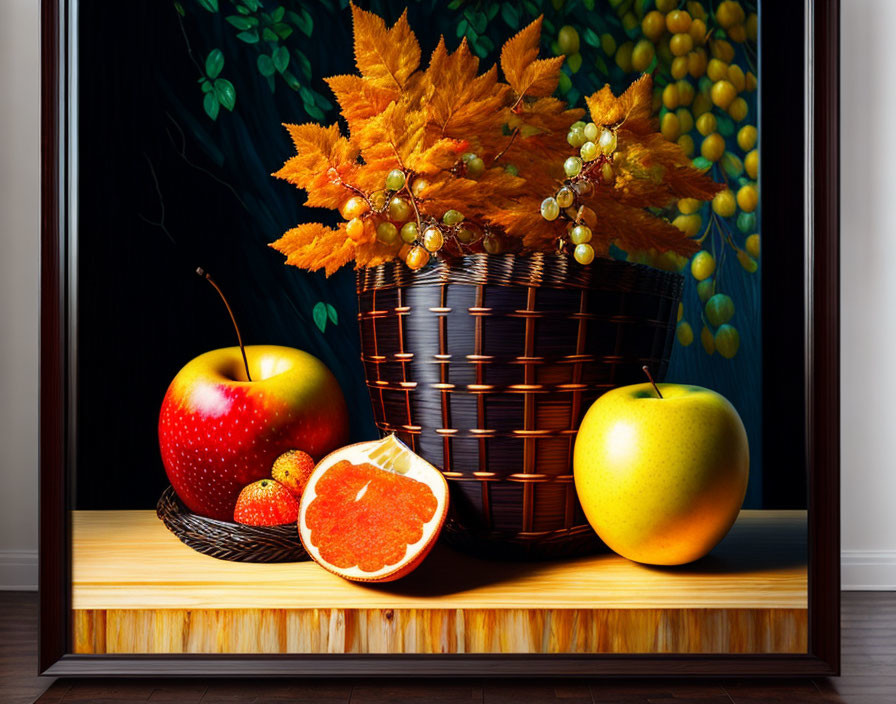 Colorful still life with apple, orange, wicker basket, autumn leaves, berries, and fruit