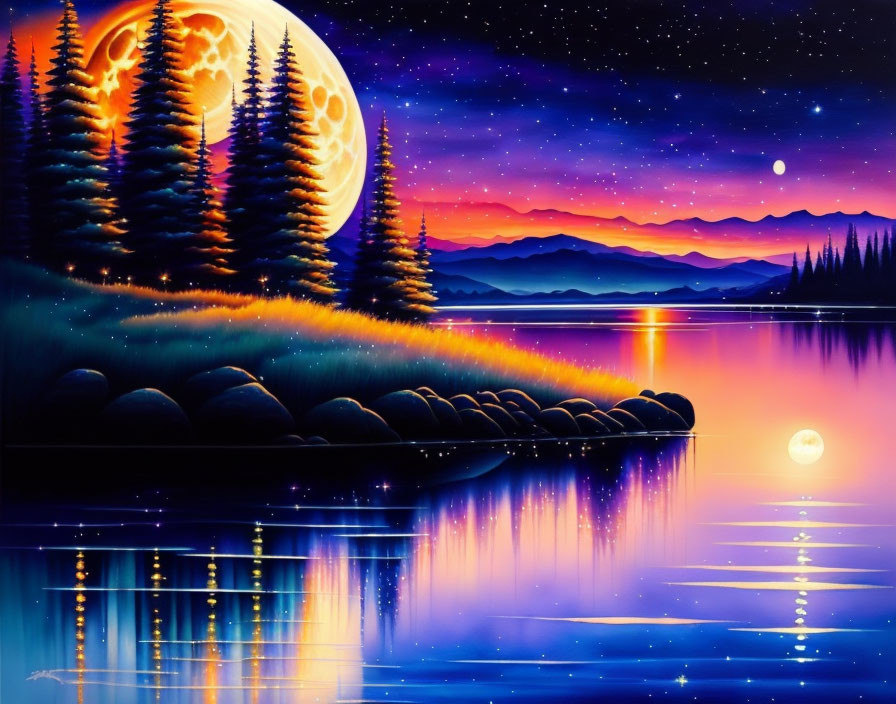 Colorful Fantasy Landscape: Large Moon, Pine Trees, Sunset, Lake