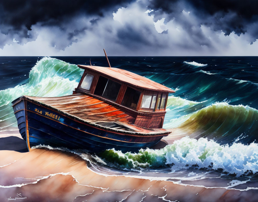 Colorful painting: Wooden boat "El Mariel" on sandy beach with stormy sky & waves