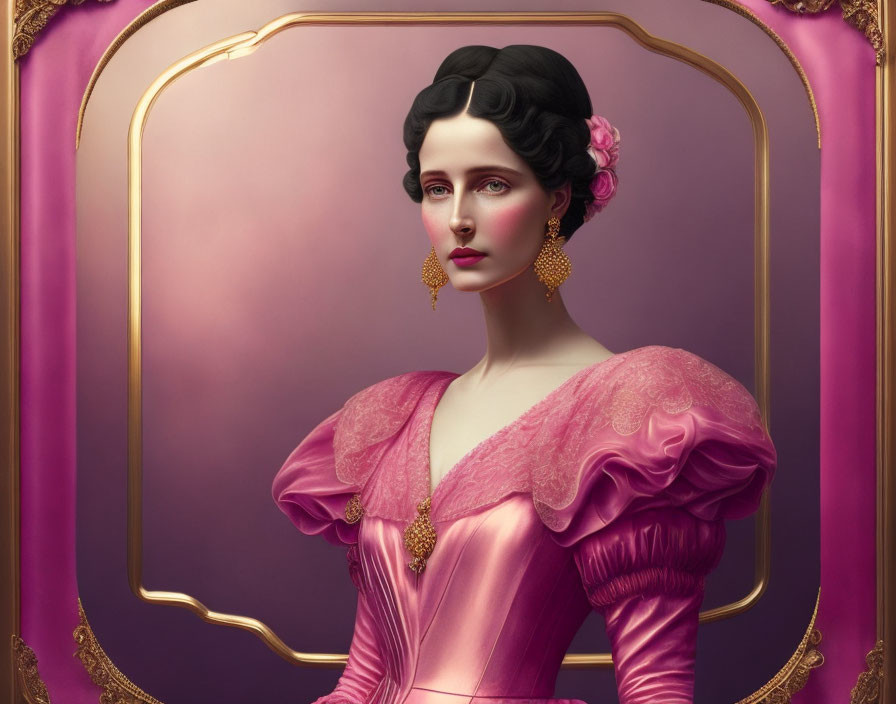 Vintage portrait of woman in pink dress with puffed sleeves, gold earrings, floral hairstyle.