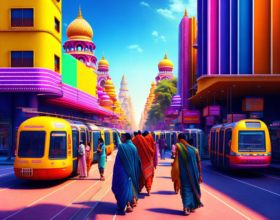 Colorful traditional street scene with vibrant attire, buildings, and yellow trams